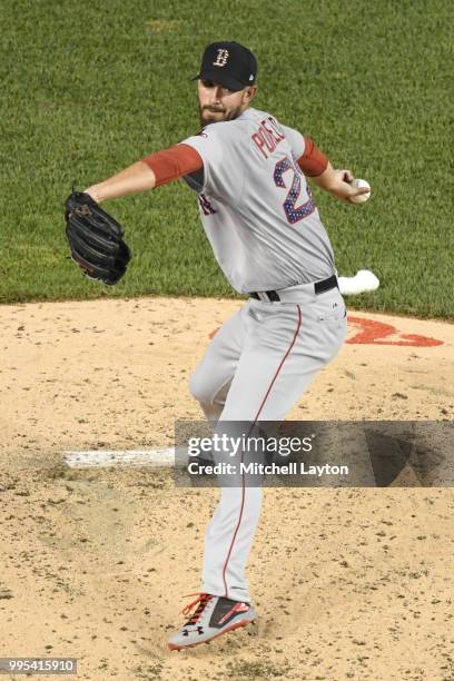 Rick Porcello of the Boston Red Sox pitches during a baseball game against the Washington Nationals at Nationals Park on July 2, 2018 in Washington,...