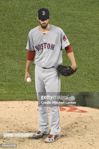 Rick Porcello of the Boston Red Sox pitches during a baseball game against the Washington Nationals at Nationals Park on July 2, 2018 in Washington,...