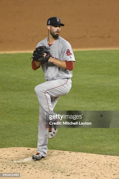 Matt Barnes of the Boston Red Sox pitches during a baseball game against the Washington Nationals at Nationals Park on July 2, 2018 in Washington,...