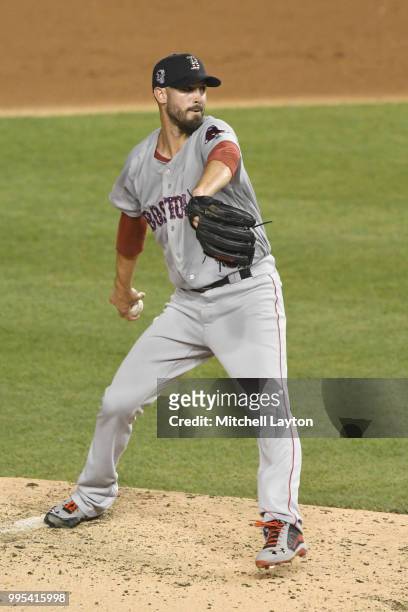 Matt Barnes of the Boston Red Sox pitches during a baseball game against the Washington Nationals at Nationals Park on July 2, 2018 in Washington,...