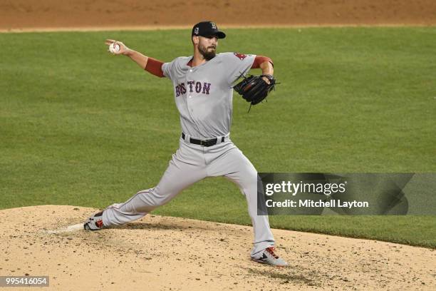 Matt Barnes of the Boston Red Sox pitches during a baseball game against the Washington Nationals at Nationals Park on July 2, 2018 in Washington,...