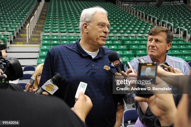 Head coach Phil Jackson of the Los Angeles Lakers addresses the media after practice for the Western Conference Semifinals against the Utah Jazz on...