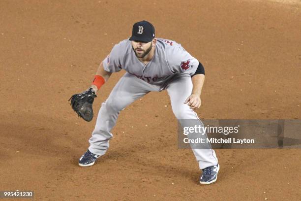 Mitch Moreland of the Boston Red Sox looks on during a baseball game against the Washington Nationals at Nationals Park on July 2, 2018 in...