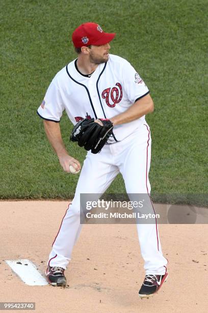 Max Scherzer of the Washington Nationals pitches during a baseball game against the Boston Red Sox at Nationals Park on July 2, 2018 in Washington,...