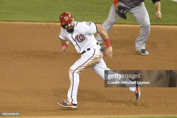 Adam Eaton of the Washington Nationals runs to second base during a baseball game against the Boston Red Sox at Nationals Park on July 2, 2018 in...