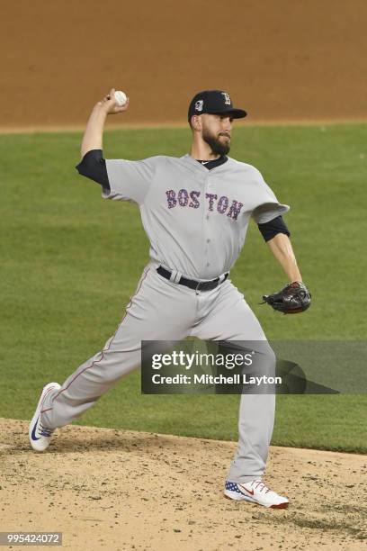 Matt Barnes of the Boston Red Sox pitches during a baseball game against the Washington Nationals at Nationals Park on July 2, 2018 in Washington,...