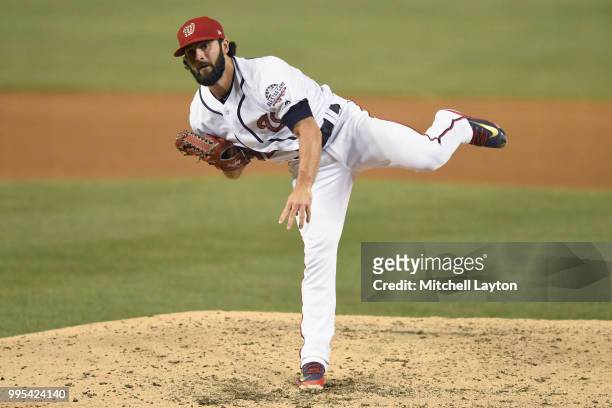 Tim Collins of the Washington Nationals pitches during a baseball game against the Boston Red Sox at Nationals Park on July 2, 2018 in Washington,...