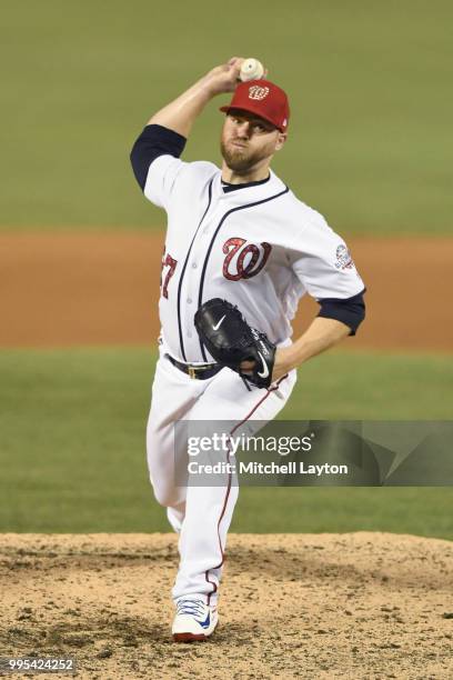 Shawn Kelley of the Washington Nationals pitches during a baseball game against the Boston Red Sox at Nationals Park on July 2, 2018 in Washington,...