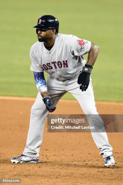 Jackie Bradley Jr. #19 of the Boston Red Sox leads off first base during a baseball game against the Washington Nationals at Nationals Park on July...