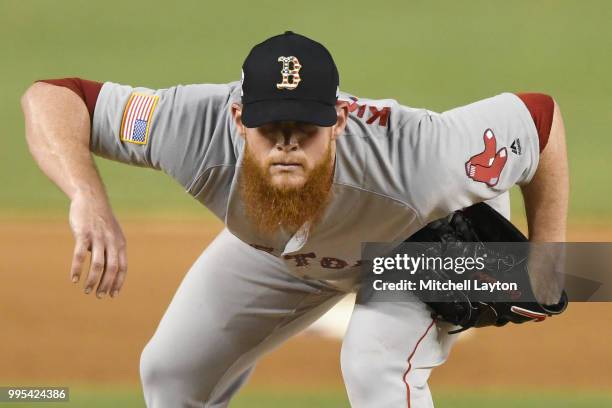 Craig Kimbrel of the Boston Red Sox pitches during a baseball game against the Washington Nationals at Nationals Park on July 2, 2018 in Washington,...