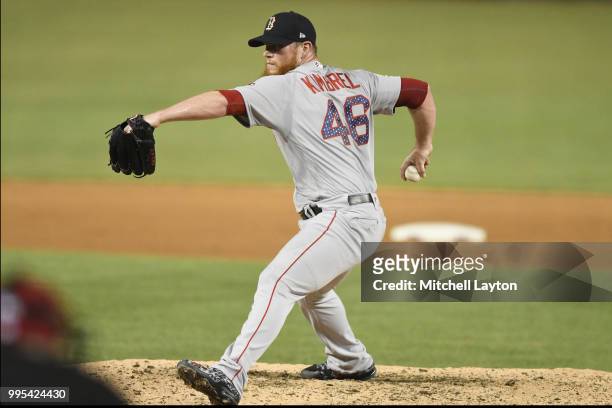 Craig Kimbrel of the Boston Red Sox pitches during a baseball game against the Washington Nationals at Nationals Park on July 2, 2018 in Washington,...