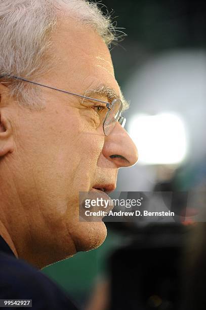 Head coach Phil Jackson of the Los Angeles Lakers addresses the media after practice for the Western Conference Semifinals against the Utah Jazz on...