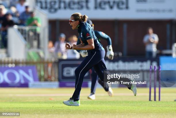 Laura Marsh of England Women celebrates bowling out Suzie Bates of New Zealand Women during the 2nd ODI: ICC Women's Championship between England...