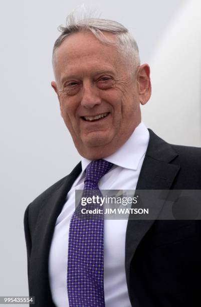 Secretary of Defence James Mattis disembarks from an aircraft in Brussels on July 10 ahead of attending North Atlantic Treaty Organization meetings.