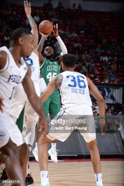 Kadeem Allen of the Boston Celtics shoots the ball against the the Philadelphia 76ers during the 2018 Las Vegas Summer League on July 6, 2018 at the...