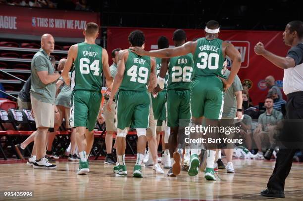 The the Boston Celtics walk off the court during a time out against the the Philadelphia 76ers during the 2018 Las Vegas Summer League on July 6,...