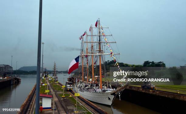 Chilean School Ship Esmeralda is seen at Miraflores Lock in the Panama Canal, in Panama City on July 10, 2018.
