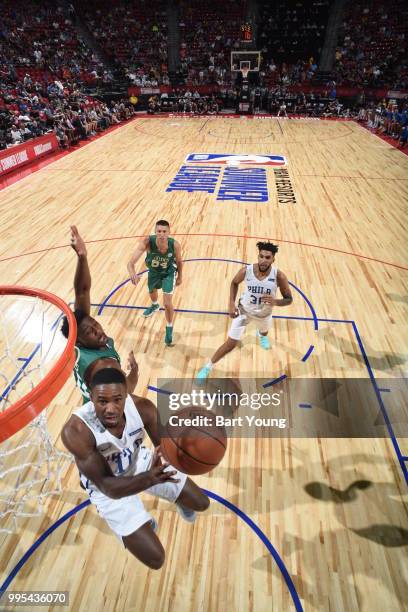 Demetrius Jackson of the Philadelphia 76ers shoots the ball against the the Boston Celtics during the 2018 Las Vegas Summer League on July 6, 2018 at...