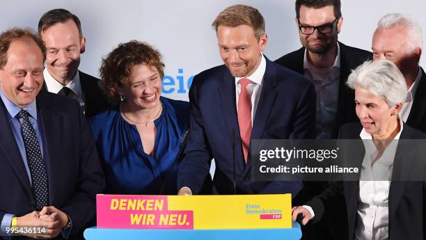 Christian Lindner , head of the liberal FDP and its top candidate in the German general election, and senior party members Alexander Graf Lambsdorff...