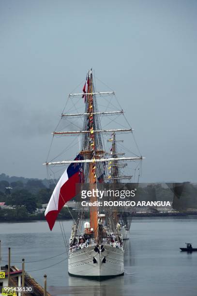 Chilean School Ship Esmeralda is seen at Miraflores Lock in the Panama Canal, in Panama City on July 10, 2018.