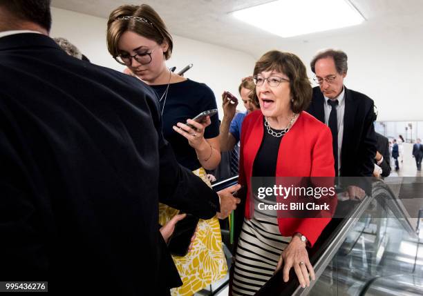 Reporters swarm Sen. Susan Collins, R-Maine, as she arrives for the Senate Republicans' policy lunch in the Capitol on Tuesday, July 10 the day after...