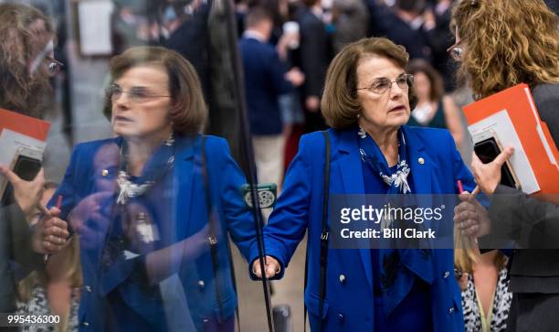 Sen. Dianne Feinstein, D-Calif., arrives for the Senate Democrats' policy lunch in the Capitol on Tuesday, July 10 the day after President Donald...