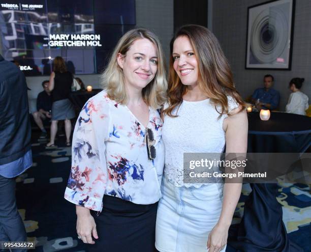 Victoria Ahearn, Journalist with The Canadian Press and guest Alexis Hood attend Tribeca Talks the Journey inspired by TUMI on July 9, 2018 in...