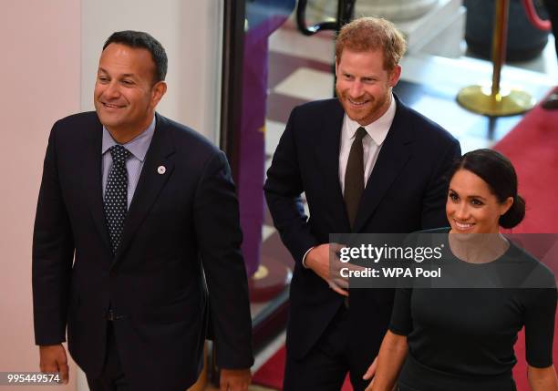 Meghan, Duchess of Sussex and Prince Harry, Duke of Sussex are greeted by the Taoiseach of Ireland Leo Varadkar, as they arrive at the start of a...