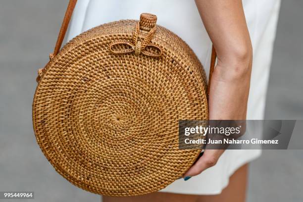 Estela Grande wears Yves Saint Laurent shoes, Zara dress and Gota de Agua handbag during the Mercedes Benz Fashion Week Spring/Summer 2019 at IFEMA...