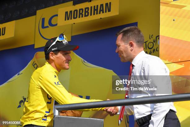 Podium / Greg Van Avermaet of Belgium and BMC Racing Team Yellow Leader Jersey / David Lappartient of France - UCI President Celebration / during the...