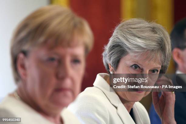 Prime Minister Theresa May during a press conference with German chancellor Angela Merkel and Polish Prime Minister, Mateusz Morawiecki during the...