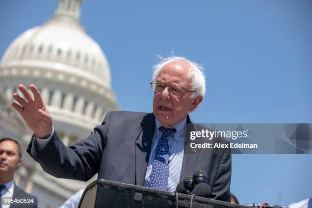 Sen. Bernie Sanders speaks during a news conference regarding the separation of immigrant children at the U.S. Capitol on July 10, 2018 in...