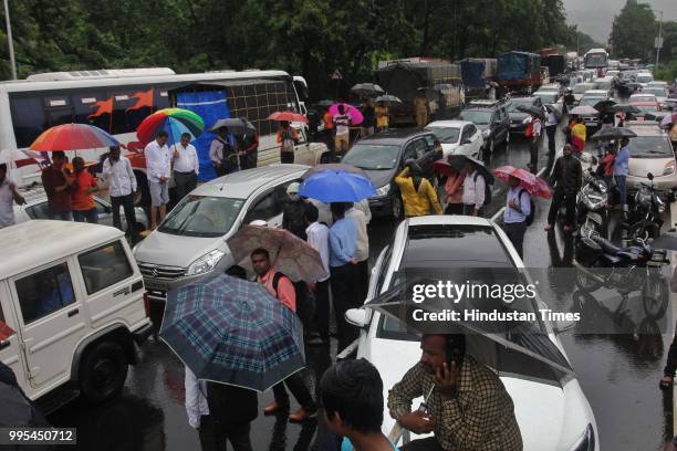 Traffic jam on Ghodbunder road near Kajupada Village on July 9, 2018 in Thane, India. Indias financial capital and its surrounding districts were in...