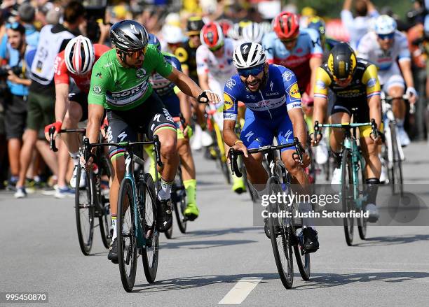 Arrival / Fernando Gaviria of Colombia and Team Quick-Step Floors / Celebration / Peter Sagan of Slovakia and Team Bora Hansgrohe Green Sprint Jersey...