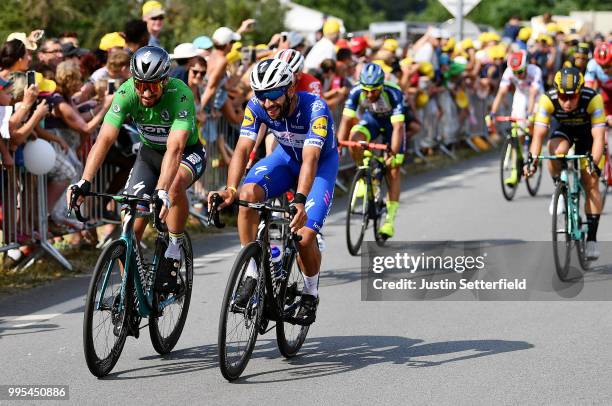 Arrival / Fernando Gaviria of Colombia and Team Quick-Step Floors / Celebration / Peter Sagan of Slovakia and Team Bora Hansgrohe Green Sprint Jersey...