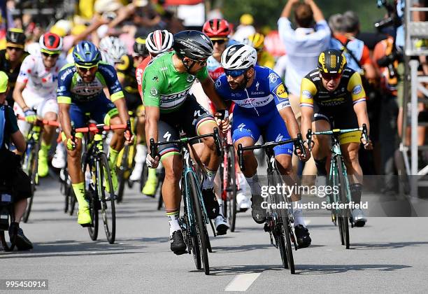 Arrival / Fernando Gaviria of Colombia and Team Quick-Step Floors / Celebration / Peter Sagan of Slovakia and Team Bora Hansgrohe Green Sprint Jersey...