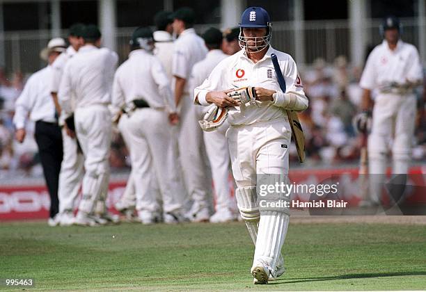 Dejected Alec Stewart of England after being bowled during the 5th day of the 5th Ashes Test between England and Australia at The AMP Oval, London....