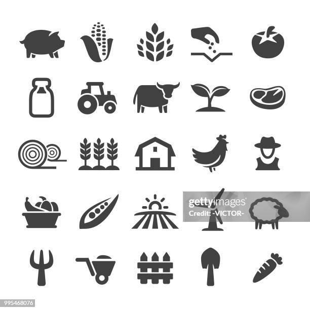 illustrazioni stock, clip art, cartoni animati e icone di tendenza di set icone agricole - serie smart - sun set in field cows