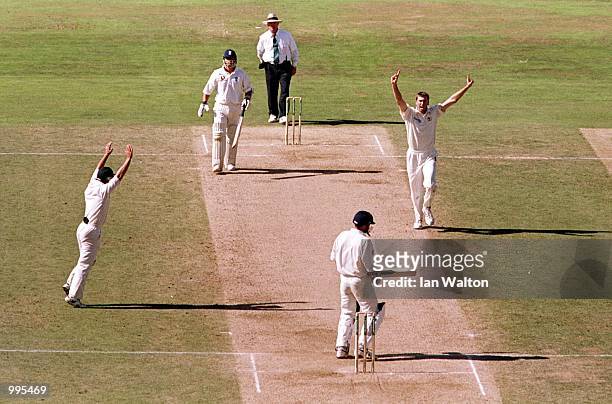 Glenn McGrath ofAustralia celebrates the wicket of Phil Tufnell of England and winning the 5th Ashes Test between England and Australia at The AMP...