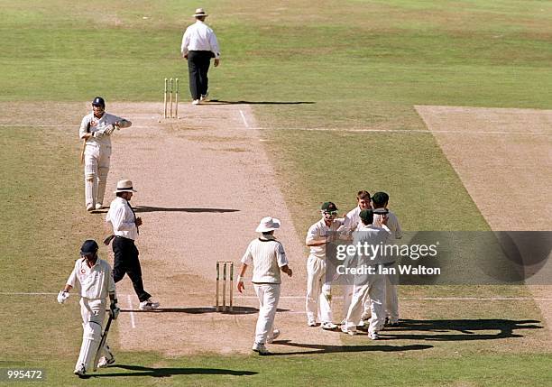 Glenn McGrath ofAustralia celebrates the wicket of Phil Tufnell of England and winning the 5th Ashes Test between England and Australia at The AMP...