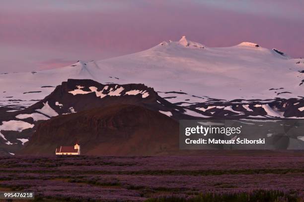 church on the foot of snaefellsjokull - snaefellsjokull stock pictures, royalty-free photos & images