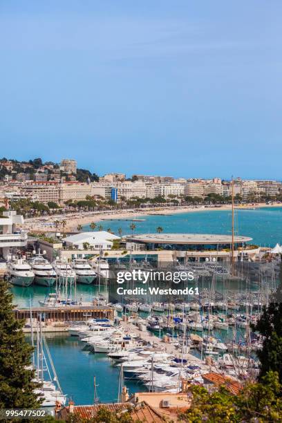 france, cannes, cote d'azur, french riviera, view above port - cannes beach stock pictures, royalty-free photos & images