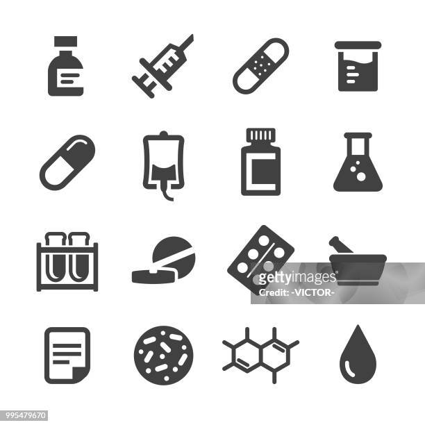 illustrazioni stock, clip art, cartoni animati e icone di tendenza di set icone medicina - serie acme - pillola