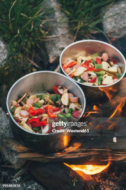 norway, lofoten, moskenesoy, food cooking on camp fire - campfire no people stock pictures, royalty-free photos & images