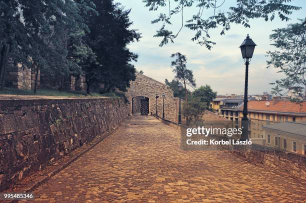 promenade at the bottom of castle wall - korbel stock pictures, royalty-free photos & images