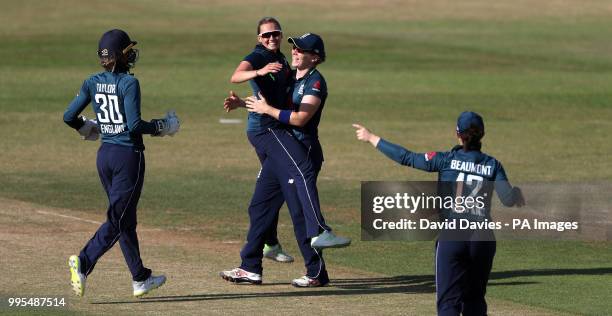 England's Laura Marsh celebrates taking the wicket of New Zealand's Suzie Bates during the Second One Day International Women's match at the 3aaa...