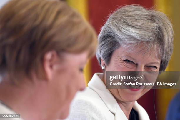 Prime Minister Theresa May during a press conference with German chancellor Angela Merkel and Polish Prime Minister, Mateusz Morawiecki during the...