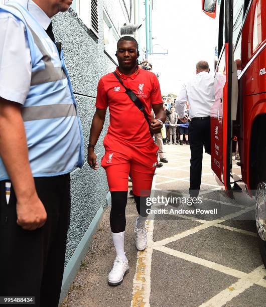 Daniel Sturridge of Liverpool arrives before a pre-season friendly match between Tranmere Rovers and Liverpool at Prenton Park on July 10, 2018 in...