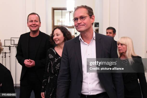 Senator of Culture Klaus Lederer , Senator of Economics Ramona Pop and Berlin's mayor Michael Mueller arrive at the Red City Hall after the meeting...