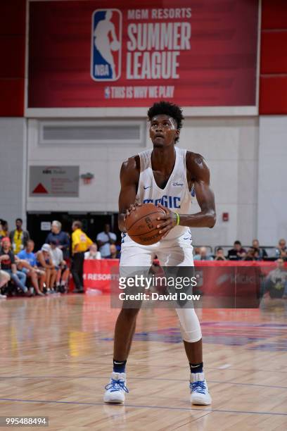 Jonathan Isaac of the Orlando Magic shoots a free throw against the Brooklyn Nets during the 2018 Las Vegas Summer League on July 6, 2018 at the Cox...